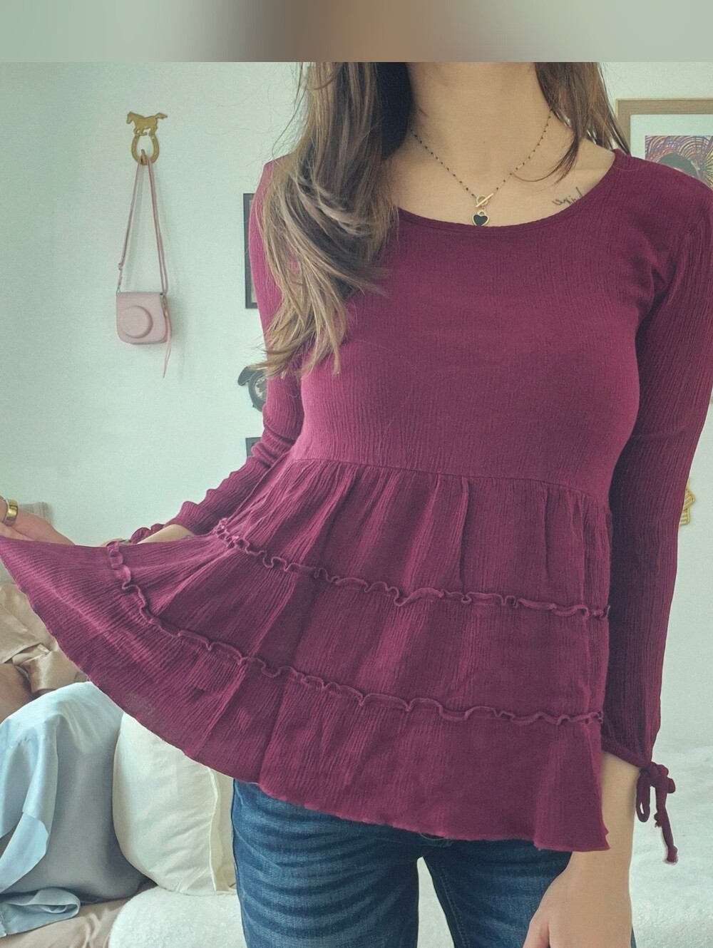 American Eagle Burgundy Quarter Sleeve Babydoll Top
